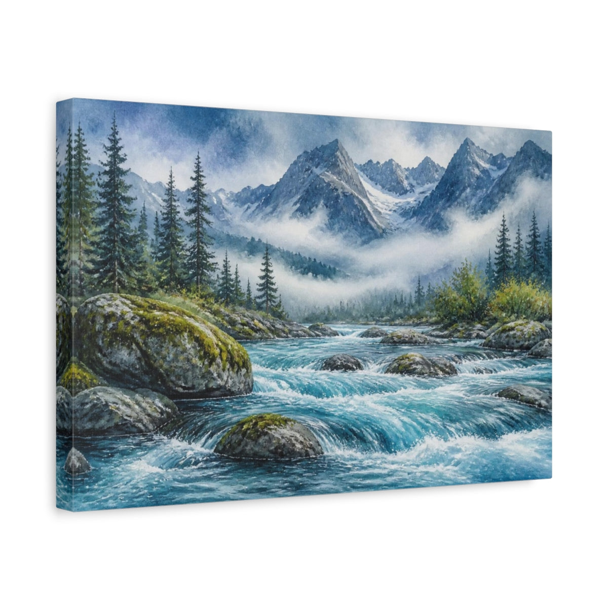 Side Mockup 4. Mountain River Landscape shown as canvas print