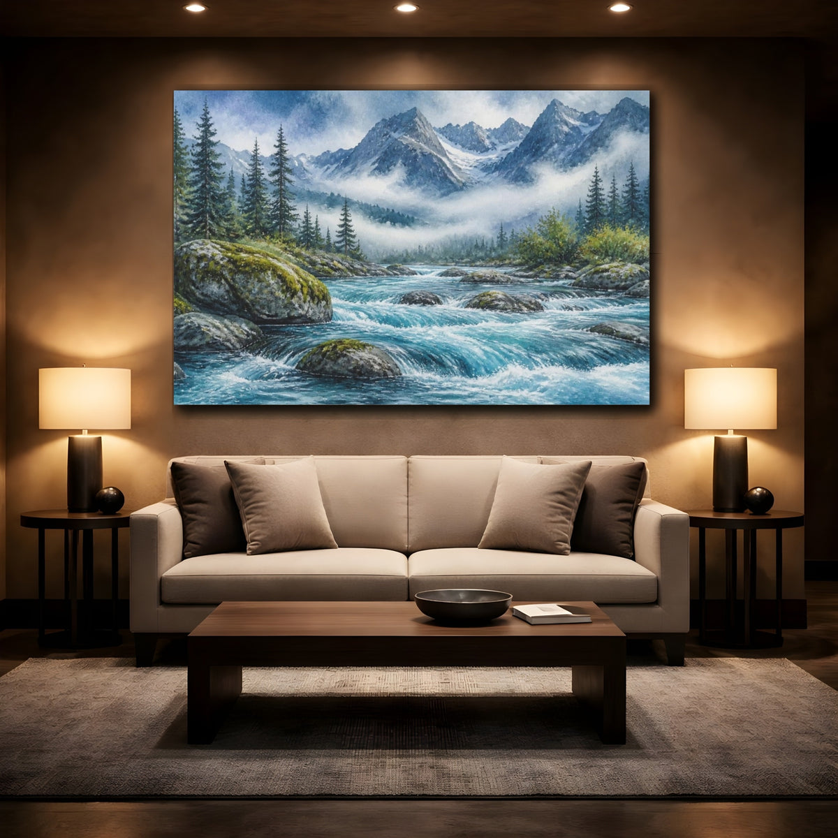 Mockup 2. Mountain River Landscape shown as canvas print