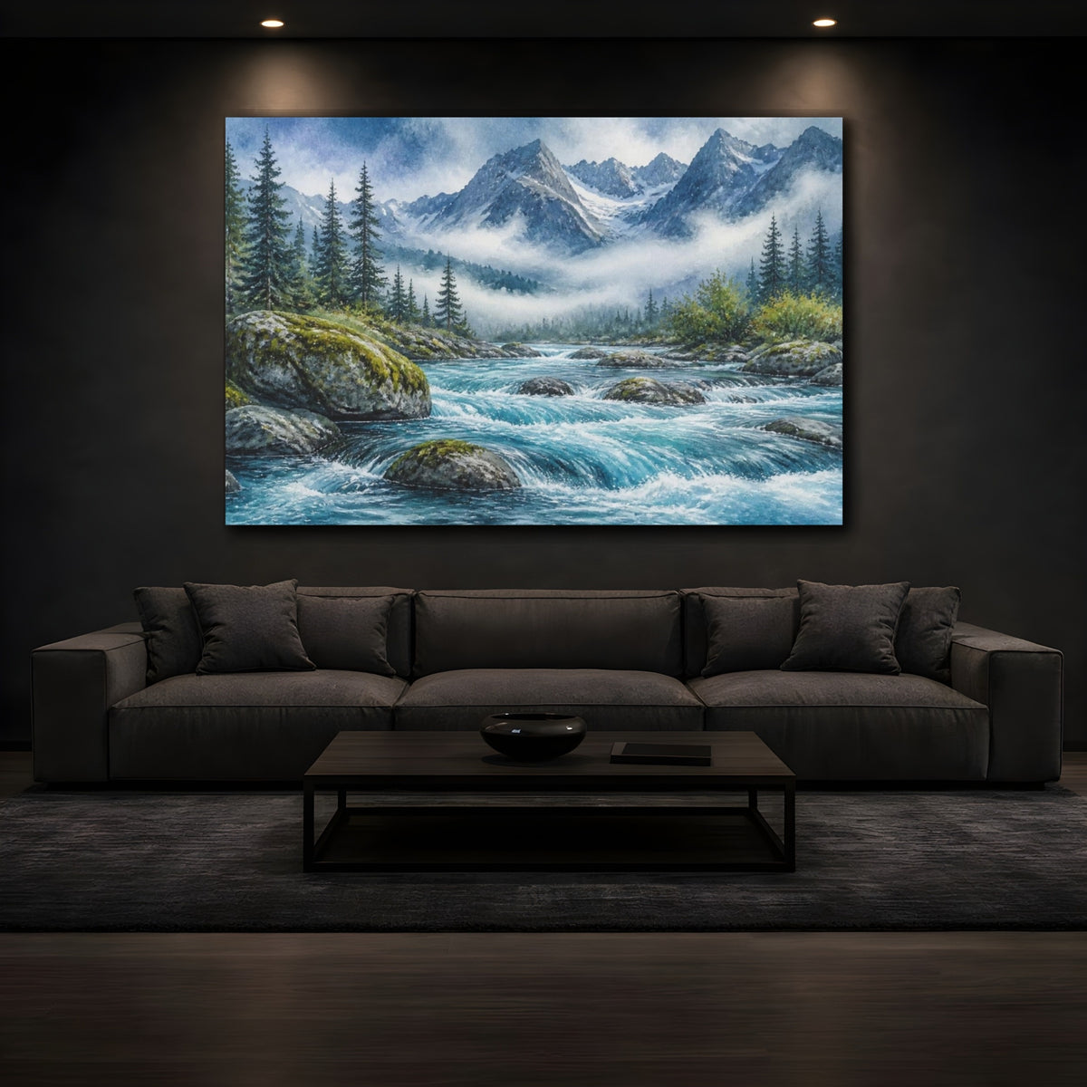 Mockup 3. Mountain River Landscape shown as canvas print