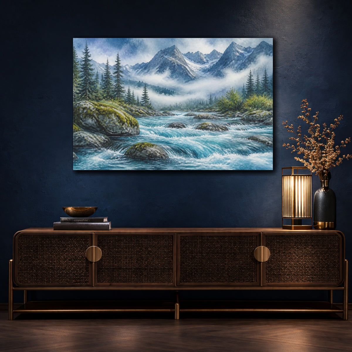 Mockup 4. Mountain River Landscape shown as canvas print