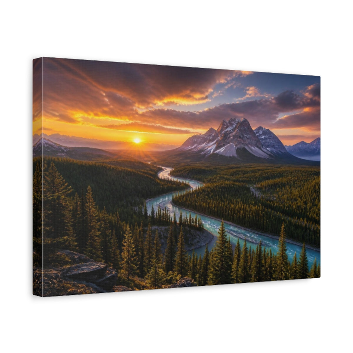 Side Mockup 4. Mountain Sunrise Landscape shown as canvas print