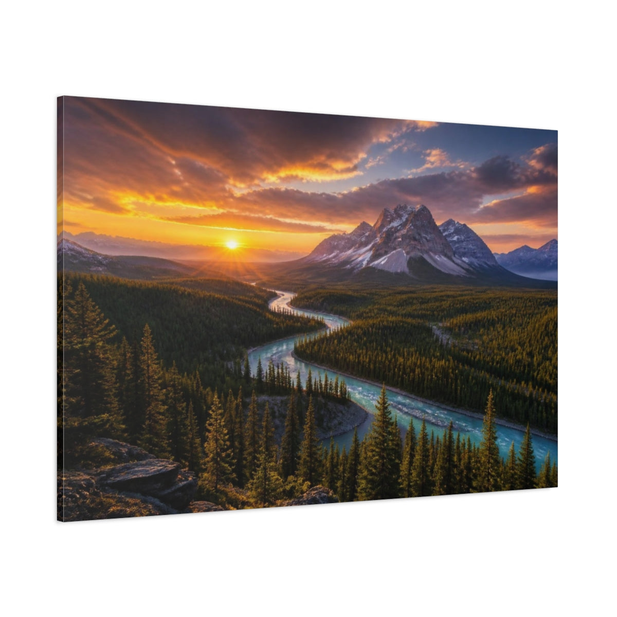 Side Mockup 1. Mountain Sunrise Landscape shown as canvas print