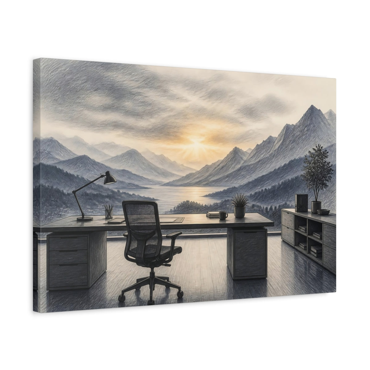 Side Mockup 3. Mountain Sunrise Office View shown as canvas print