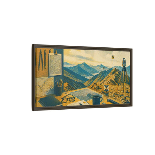 Main Mockup. Mountain Survey Office Desk shown as framed canvas print
