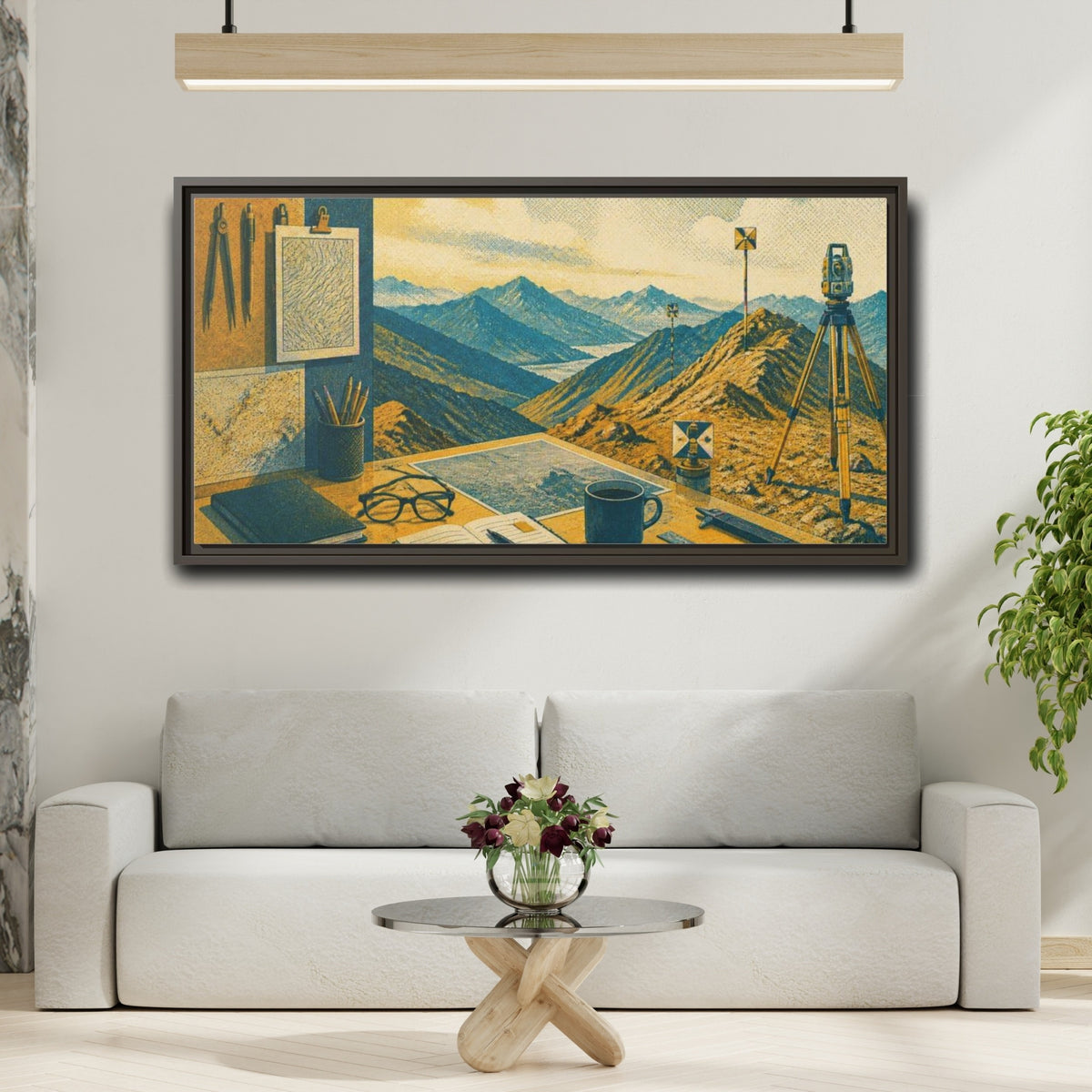 Mockup 2. Mountain Survey Office Desk shown as framed canvas print