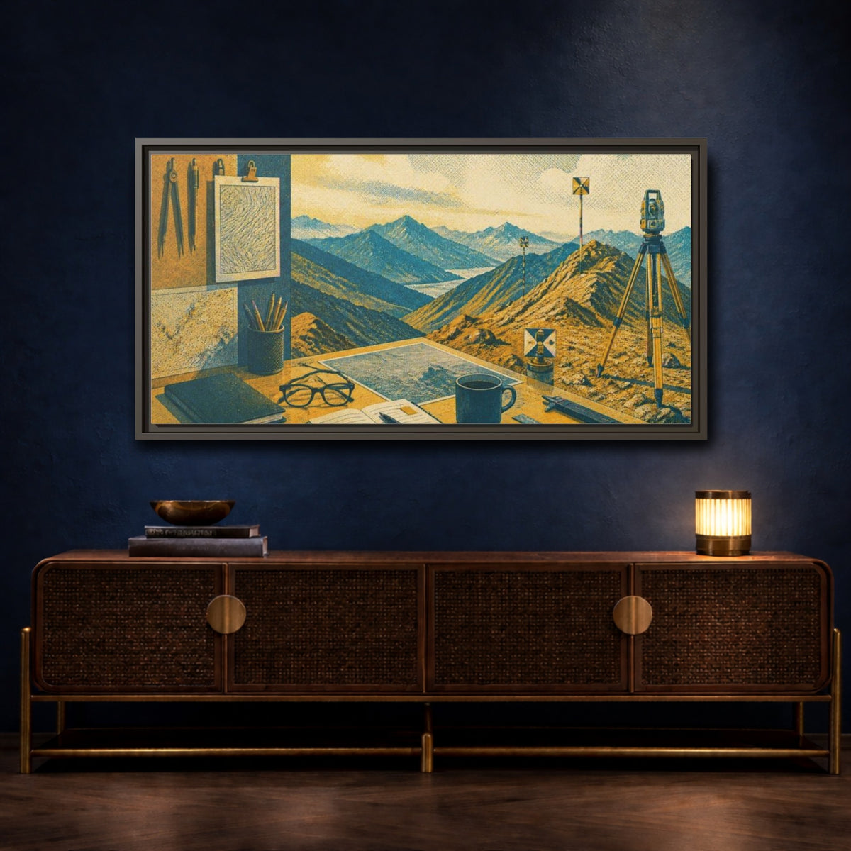 Mockup 4. Mountain Survey Office Desk shown as framed canvas print
