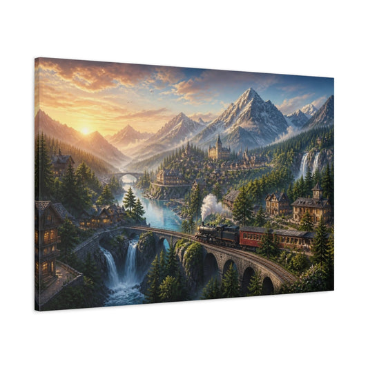 Main Mockup. Mountain Village Landscape shown as canvas print