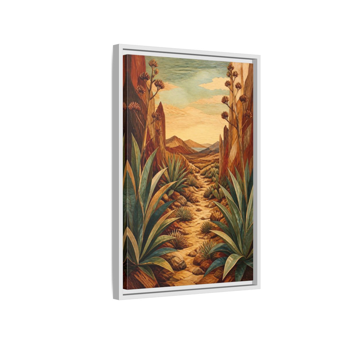 Side Mockup 1. Nature Agave Pathway shown as framed canvas print