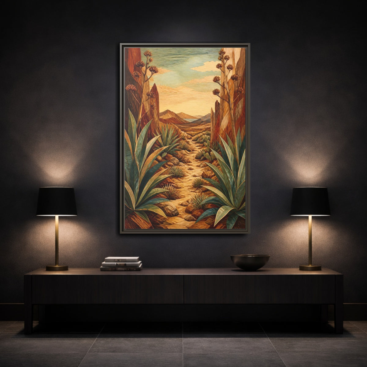 Mockup 3. Nature Agave Pathway shown as framed canvas print