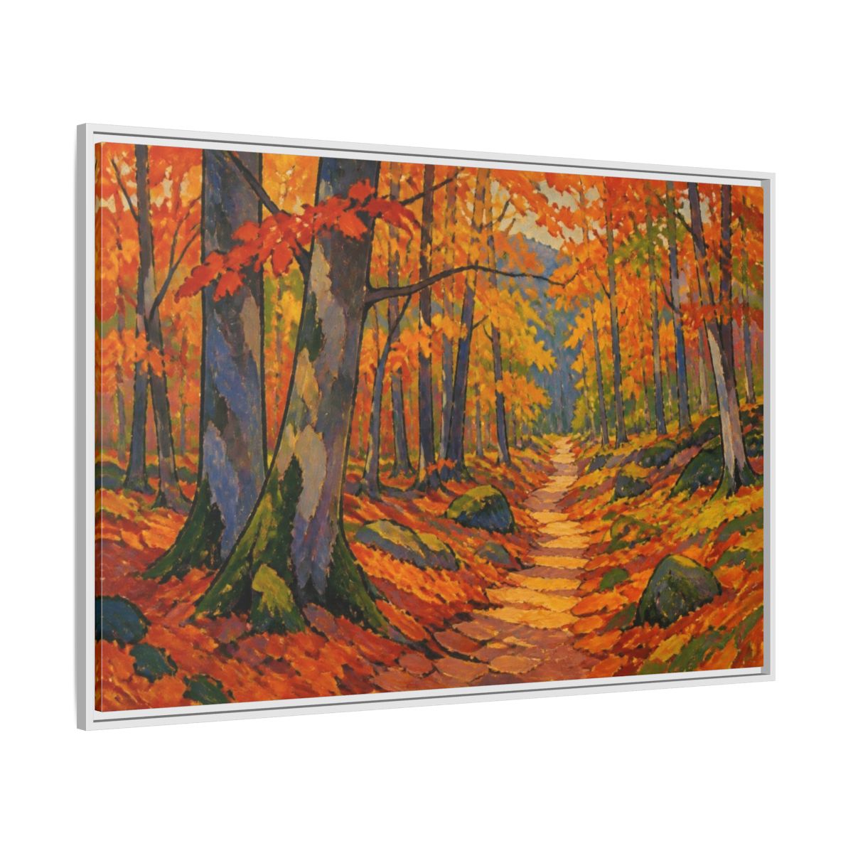 Side Mockup 7. Nature Beech Pathway shown as framed canvas print