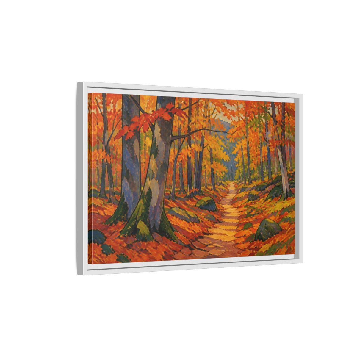 Side Mockup 1. Nature Beech Pathway shown as framed canvas print