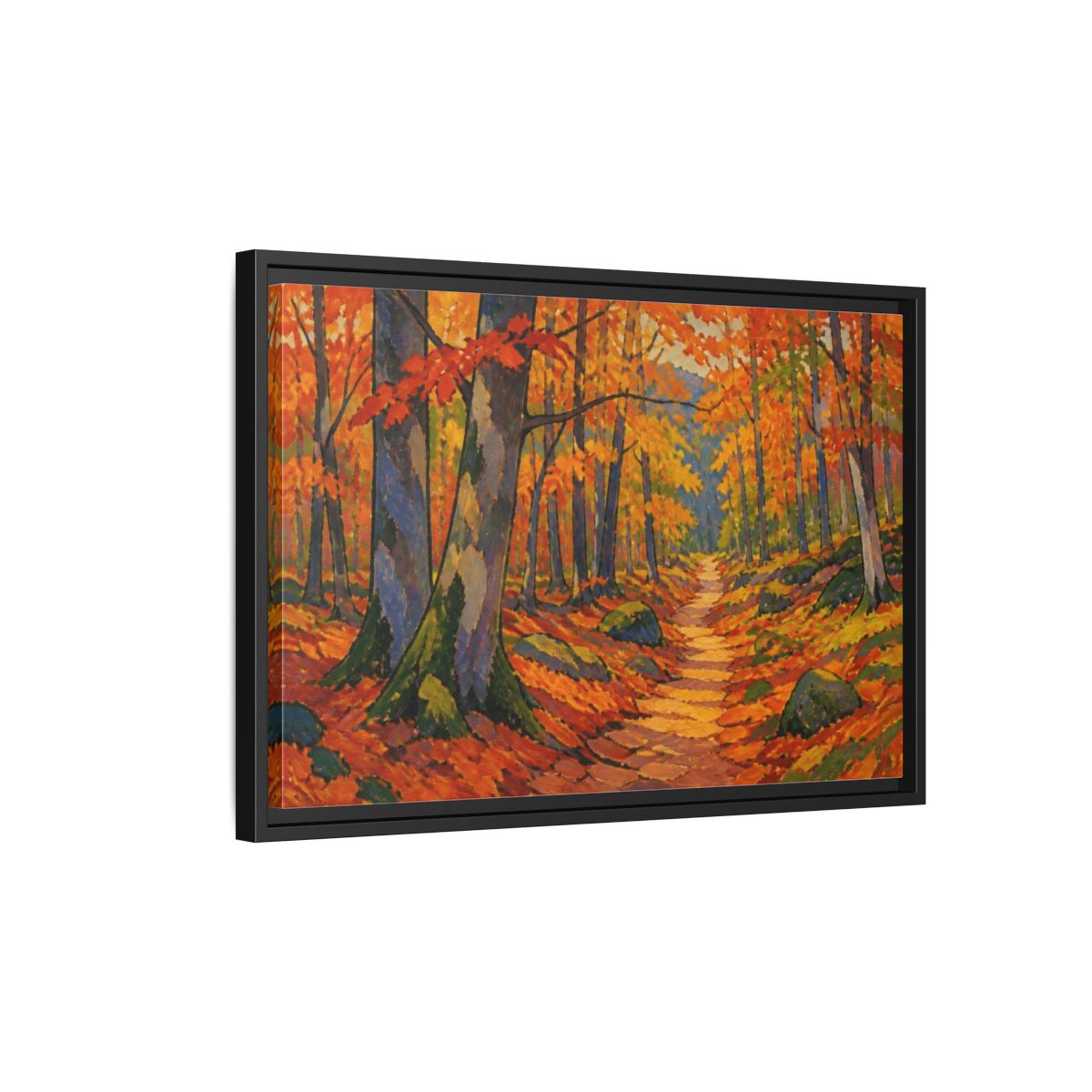 Side Mockup 3. Nature Beech Pathway shown as framed canvas print