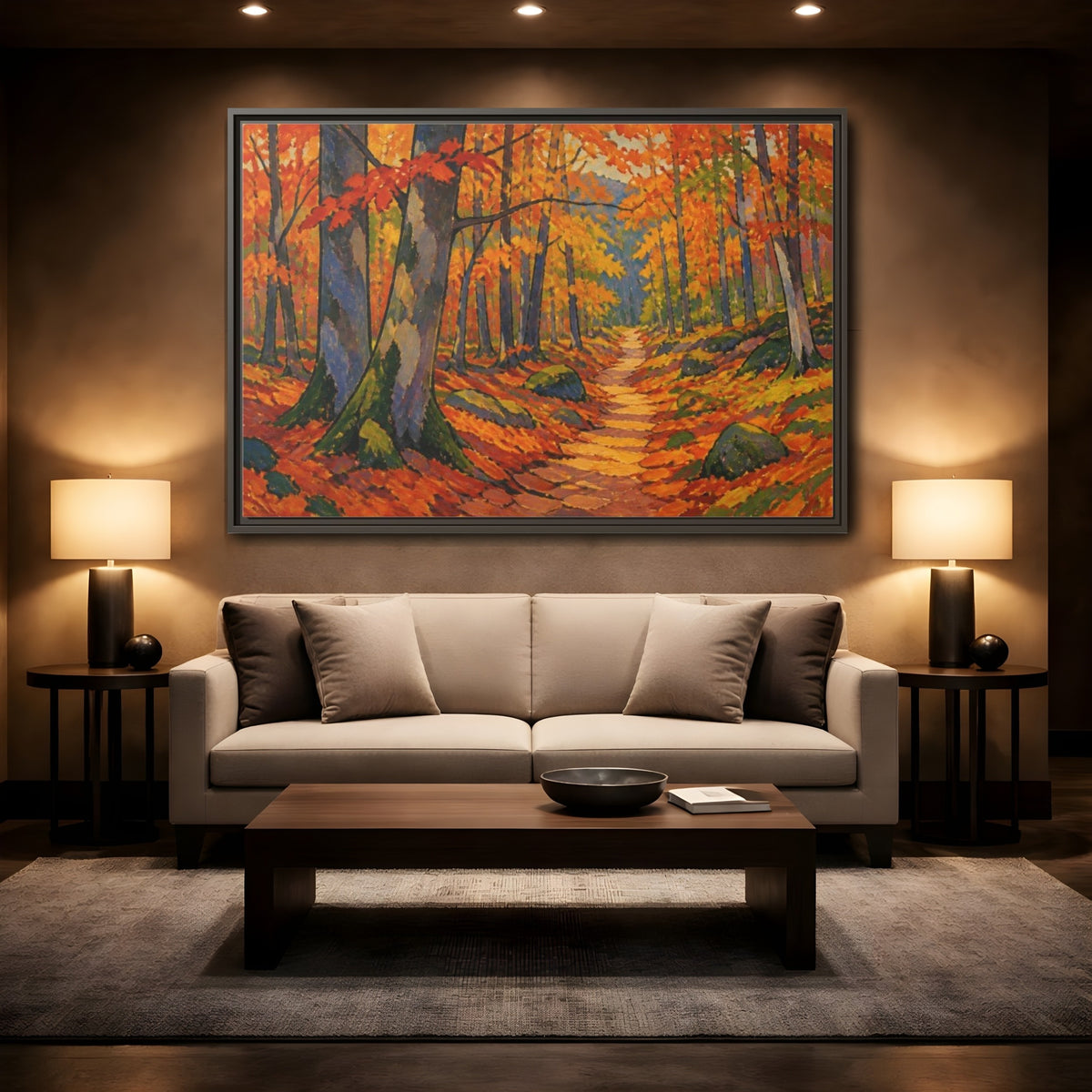 Mockup 2. Nature Beech Pathway shown as framed canvas print