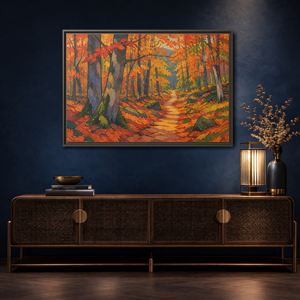 Mockup 4. Nature Beech Pathway shown as framed canvas print
