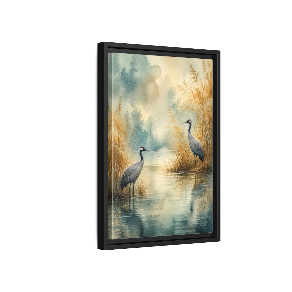 Side Mockup 6. Nature Crane Pair shown as framed canvas print