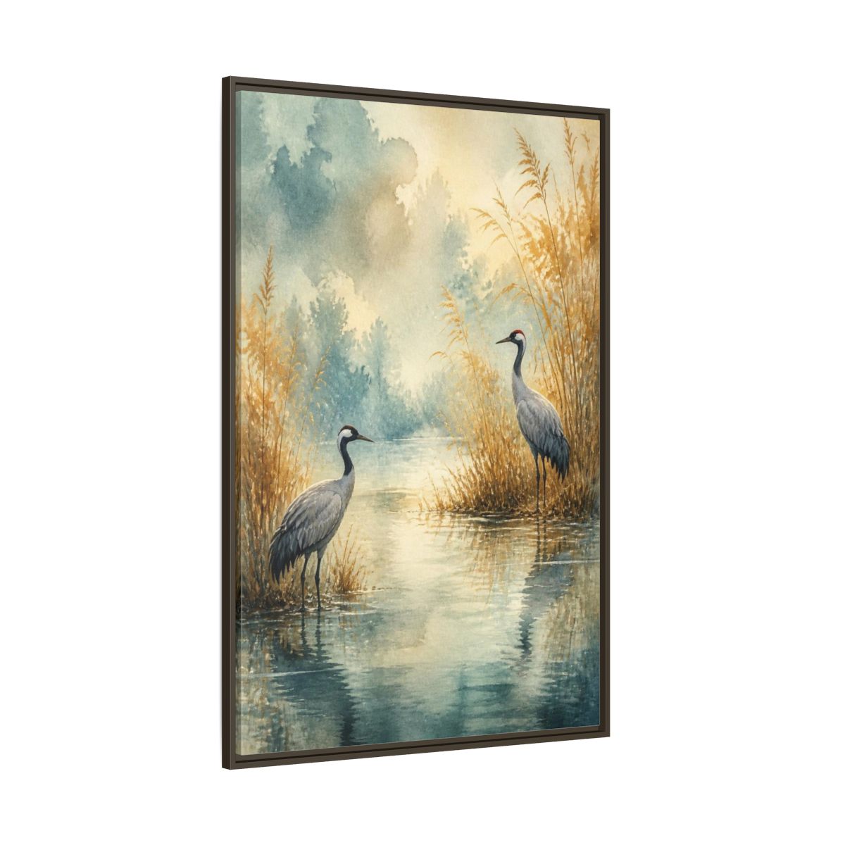 Side Mockup 8. Nature Crane Pair shown as framed canvas print