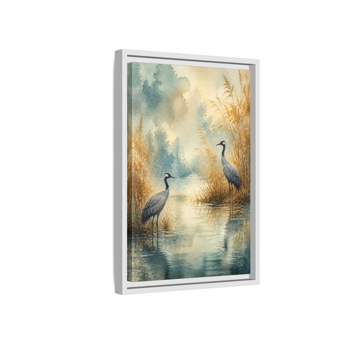 Side Mockup 4. Nature Crane Pair shown as framed canvas print