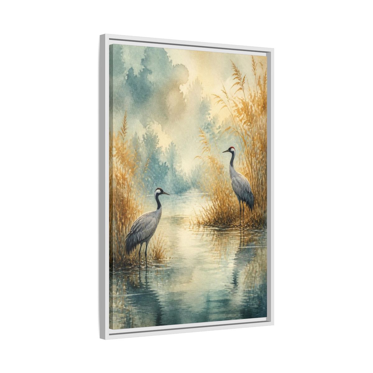 Side Mockup 10. Nature Crane Pair shown as framed canvas print