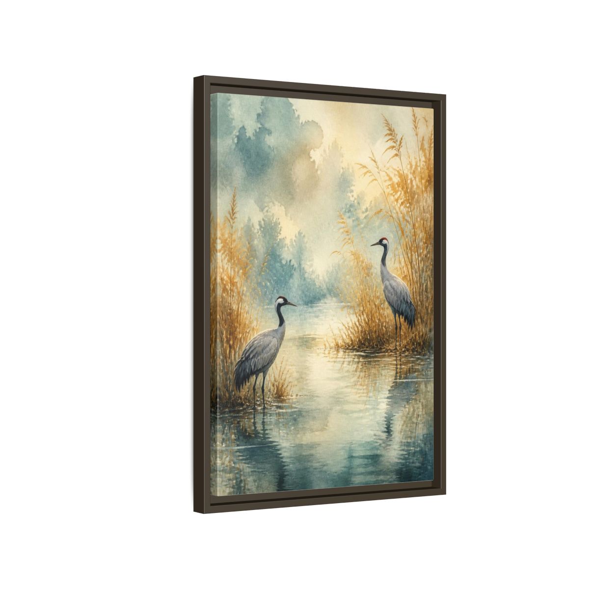 Side Mockup 2. Nature Crane Pair shown as framed canvas print