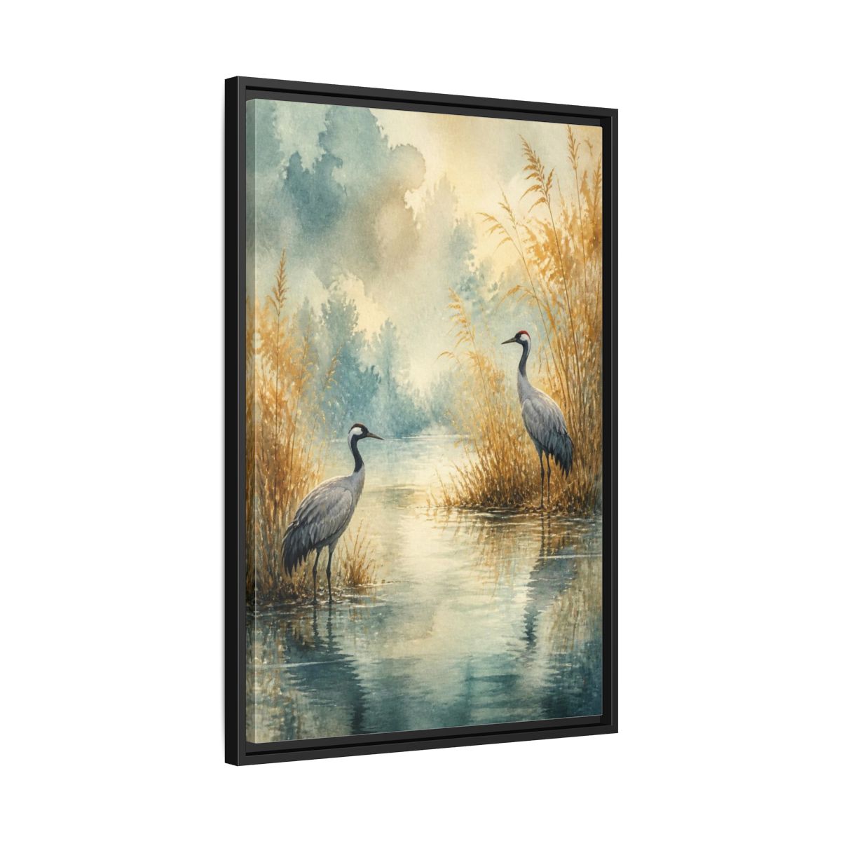 Side Mockup 14. Nature Crane Pair shown as framed canvas print