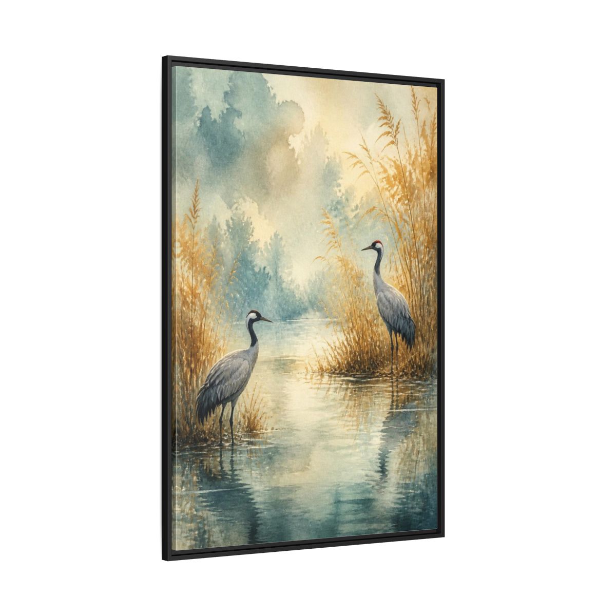 Side Mockup 12. Nature Crane Pair shown as framed canvas print