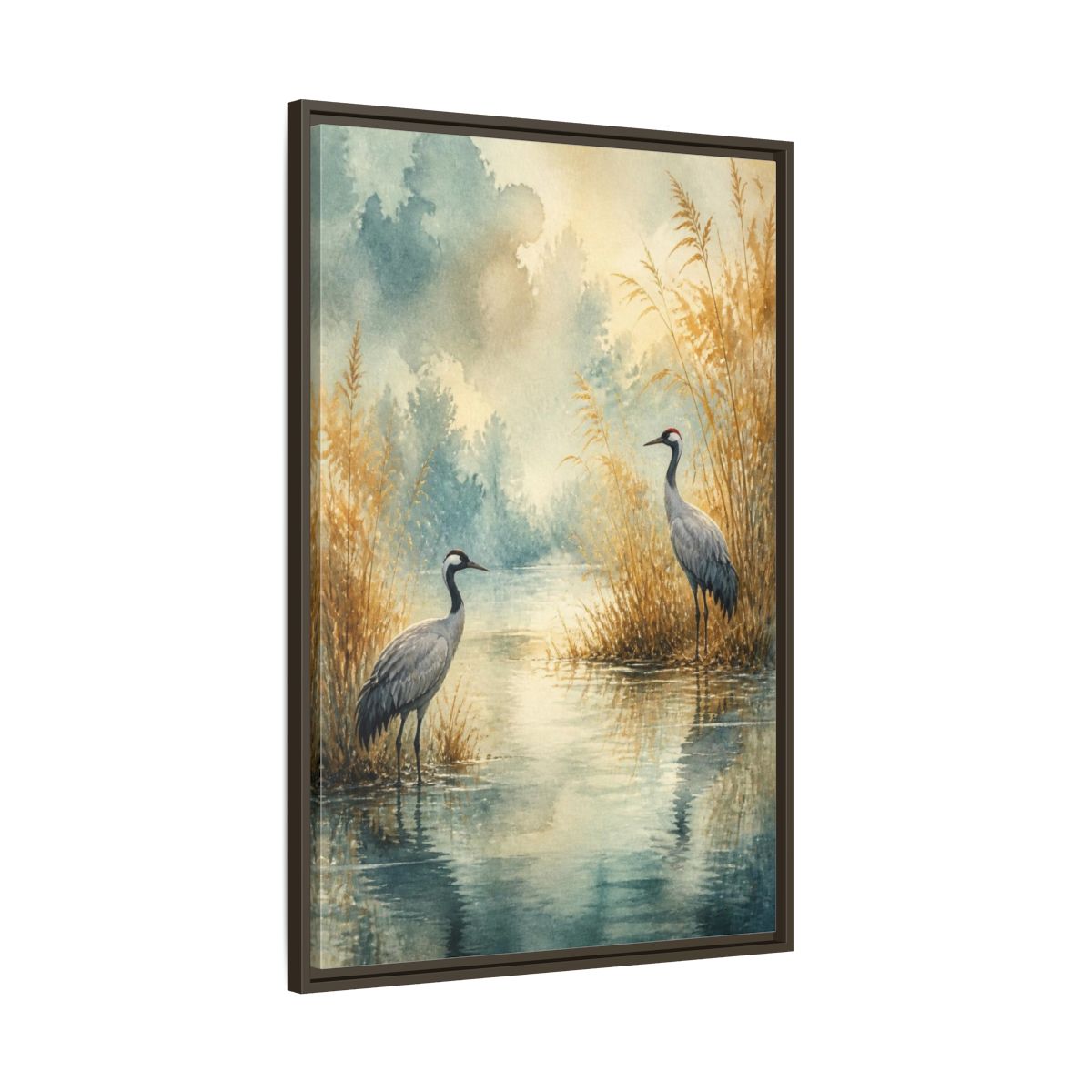 Main Mockup. Nature Crane Pair shown as framed canvas print