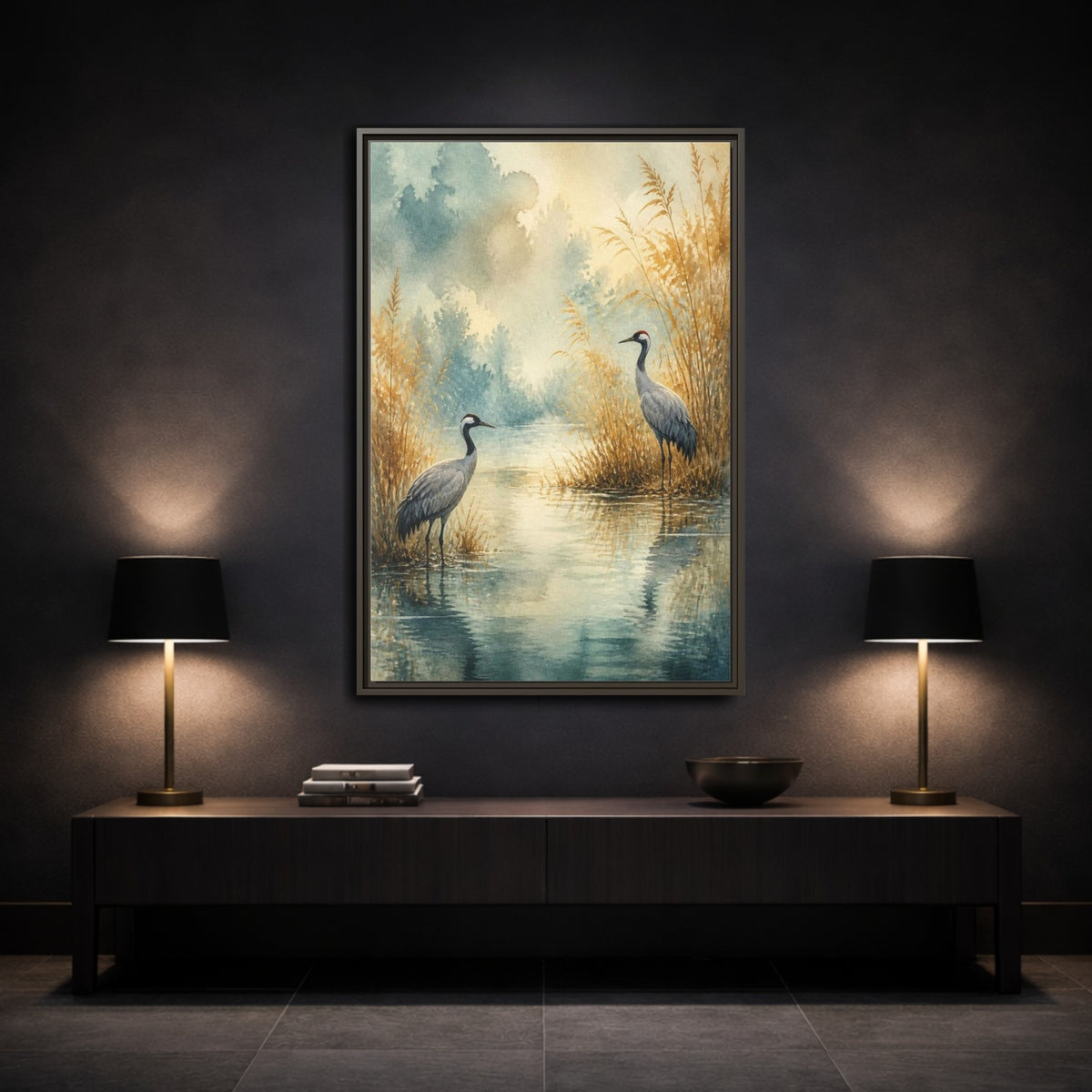 Mockup 3. Nature Crane Pair shown as framed canvas print