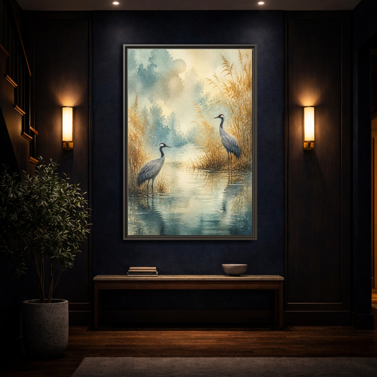 Mockup 4. Nature Crane Pair shown as framed canvas print