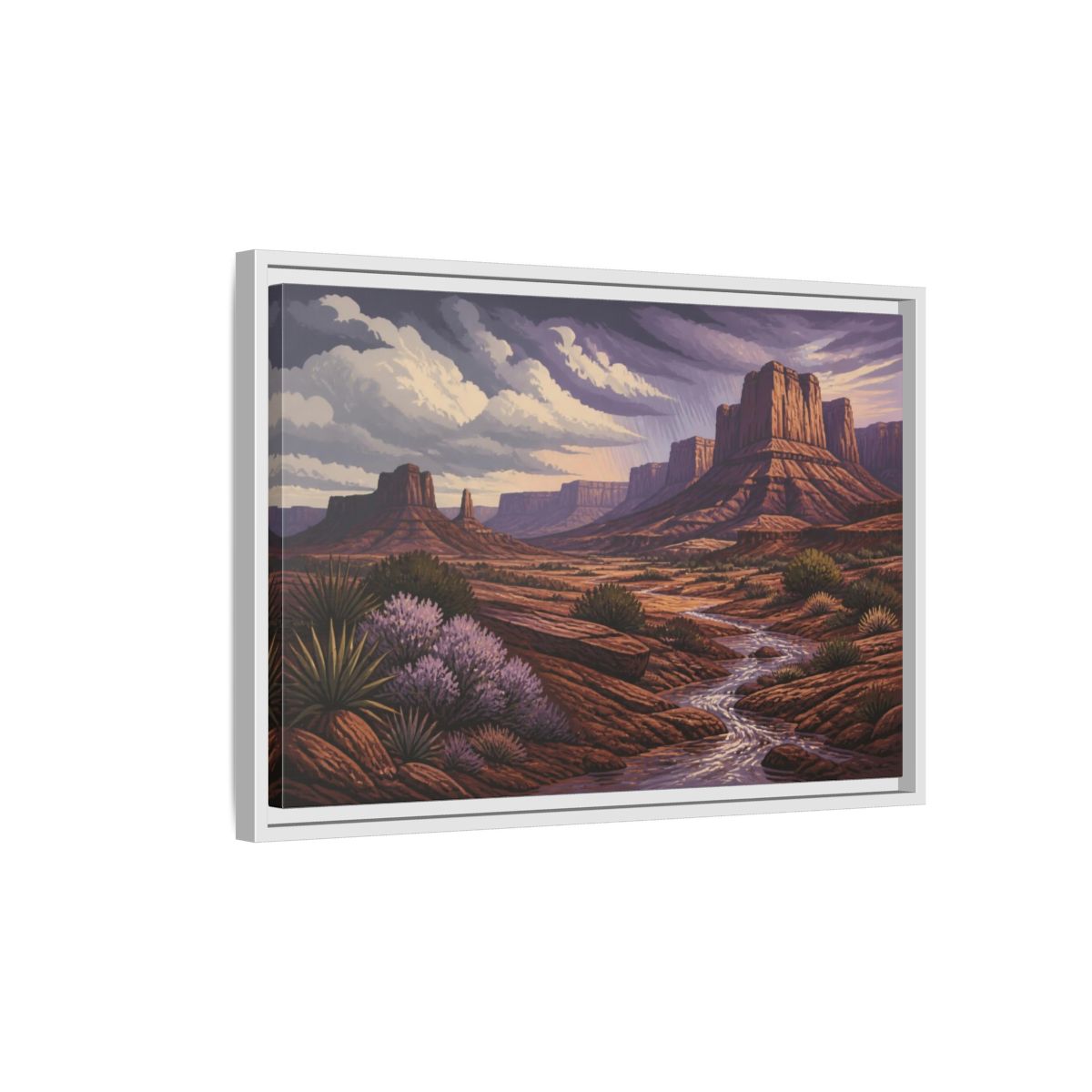 Side Mockup 1. Nature Desert Mesa Stream shown as framed canvas print