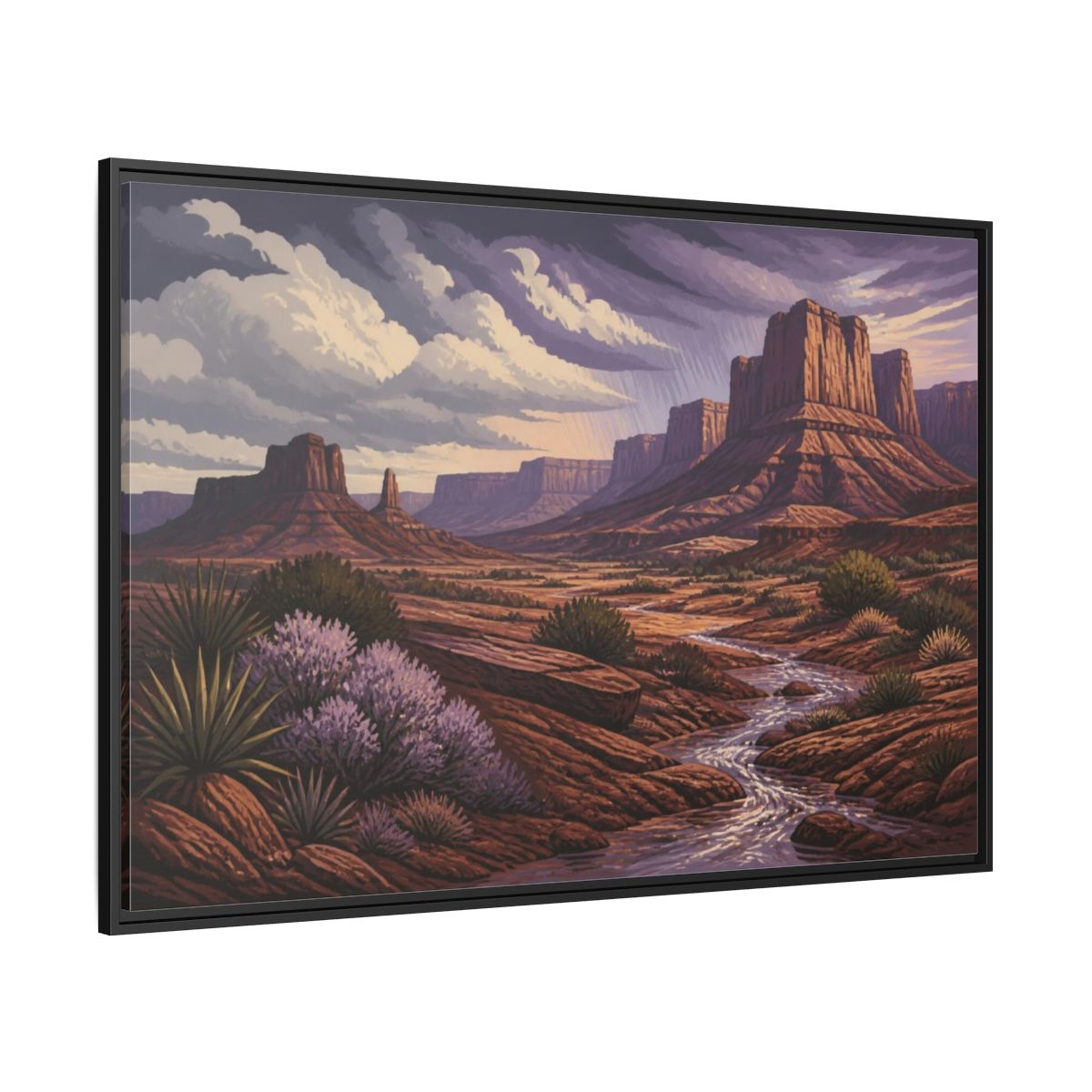 Side Mockup 12. Nature Desert Mesa Stream shown as framed canvas print