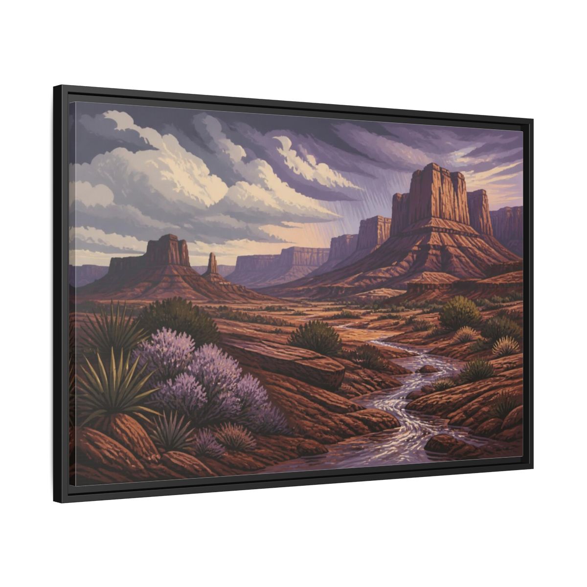 Side Mockup 13. Nature Desert Mesa Stream shown as framed canvas print