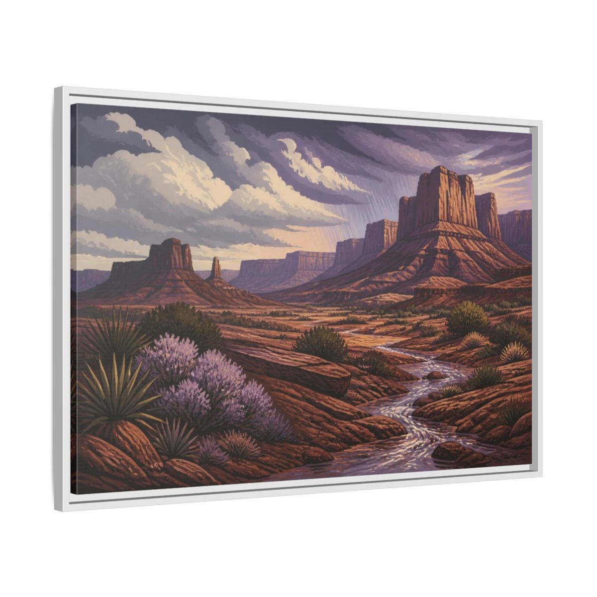 Side Mockup 9. Nature Desert Mesa Stream shown as framed canvas print