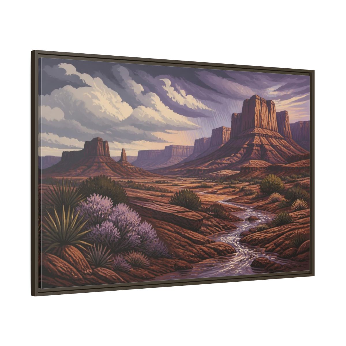 Side Mockup 8. Nature Desert Mesa Stream shown as framed canvas print