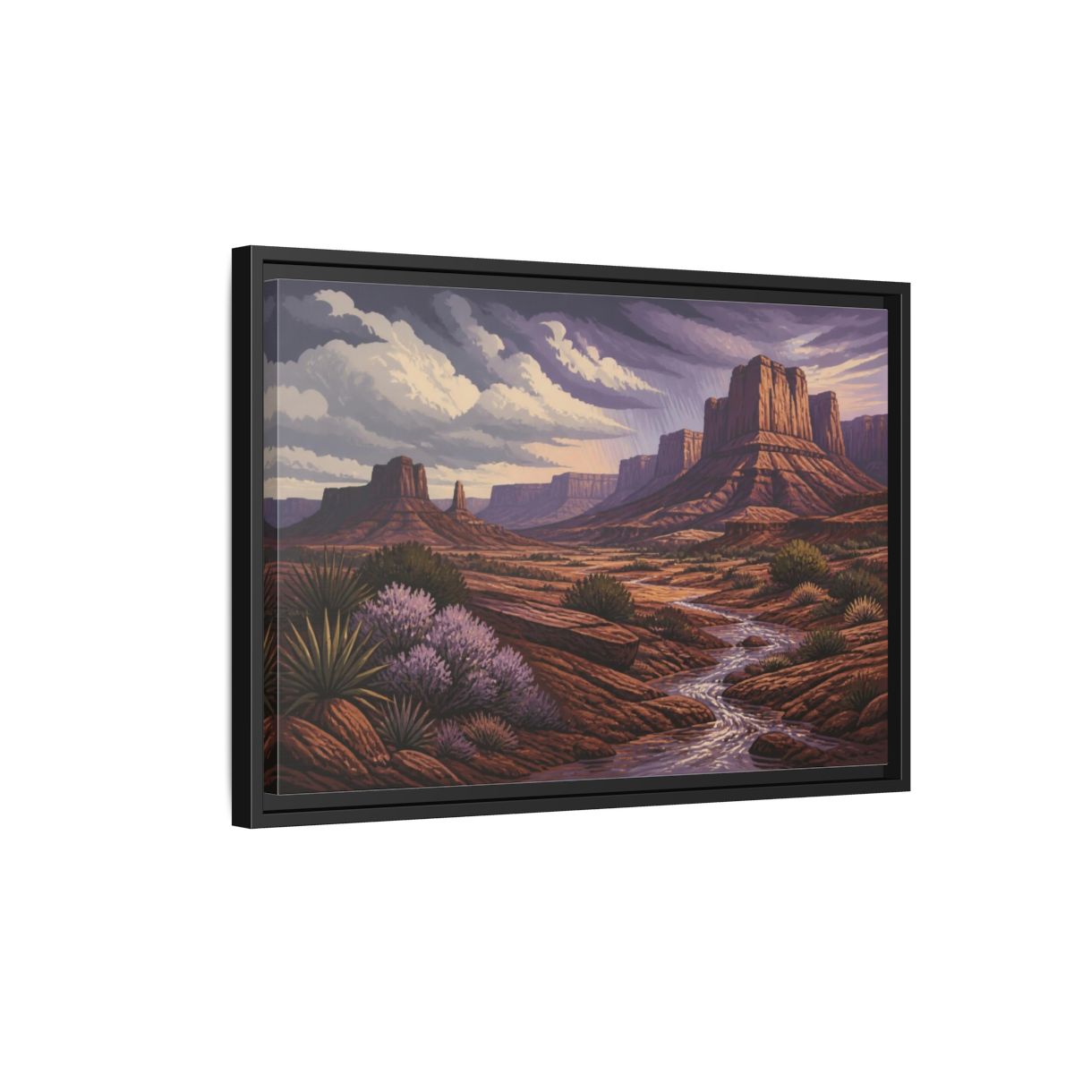 Side Mockup 3. Nature Desert Mesa Stream shown as framed canvas print