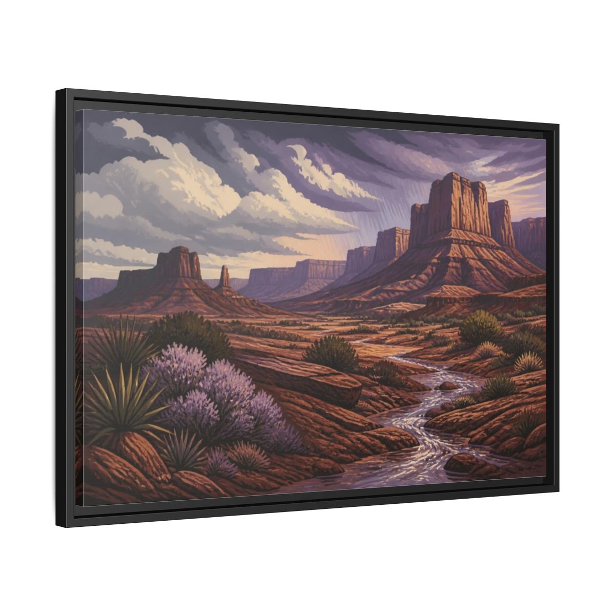 Side Mockup 14. Nature Desert Mesa Stream shown as framed canvas print