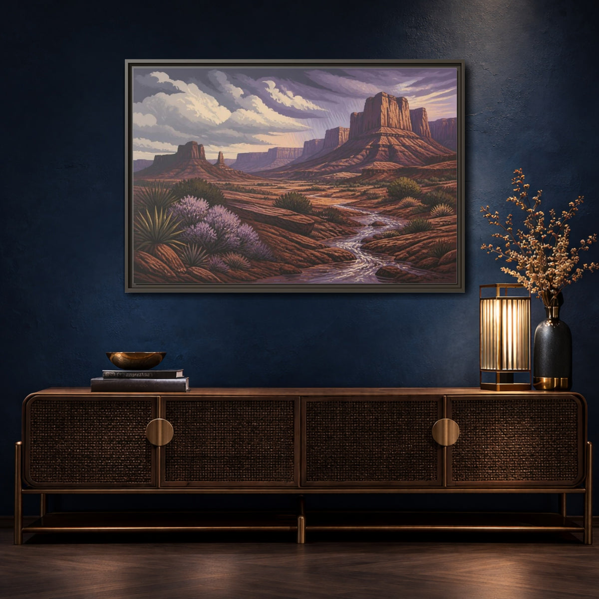 Mockup 4. Nature Desert Mesa Stream shown as framed canvas print
