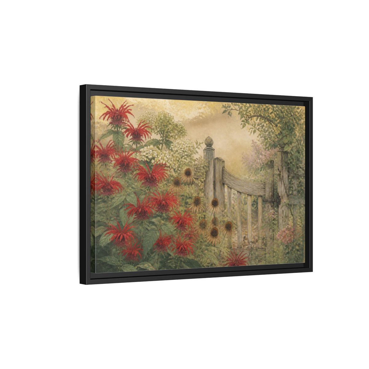 Side Mockup 3. Nature Garden Gate shown as framed canvas print