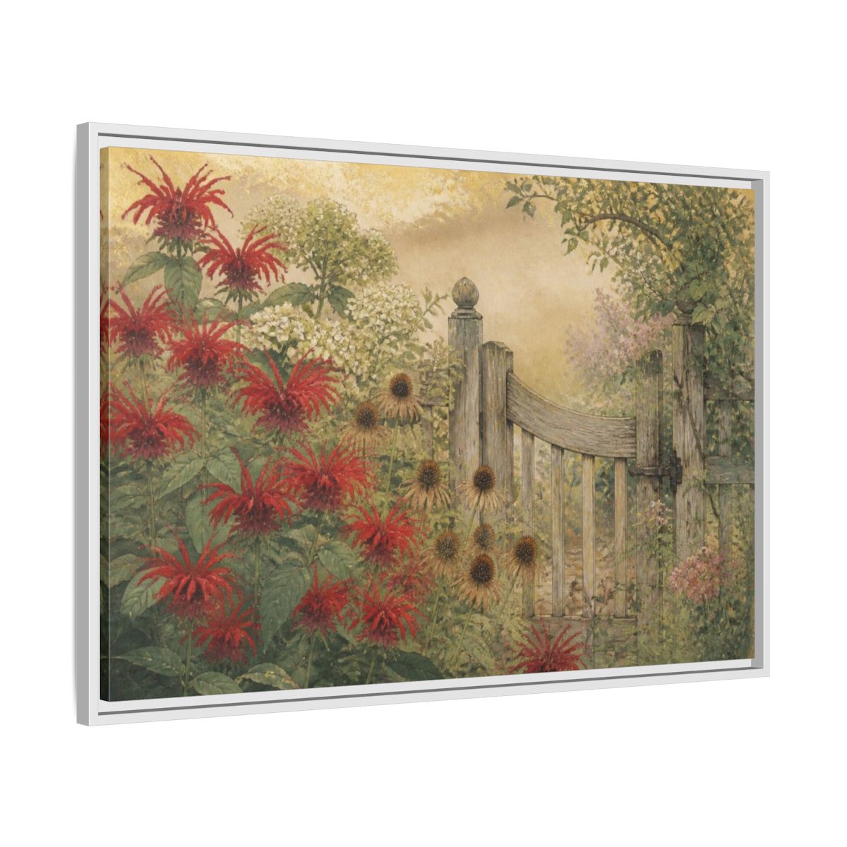 Side Mockup 9. Nature Garden Gate shown as framed canvas print