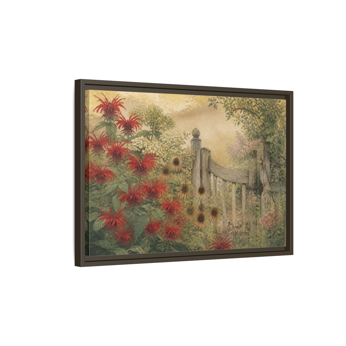 Side Mockup 2. Nature Garden Gate shown as framed canvas print