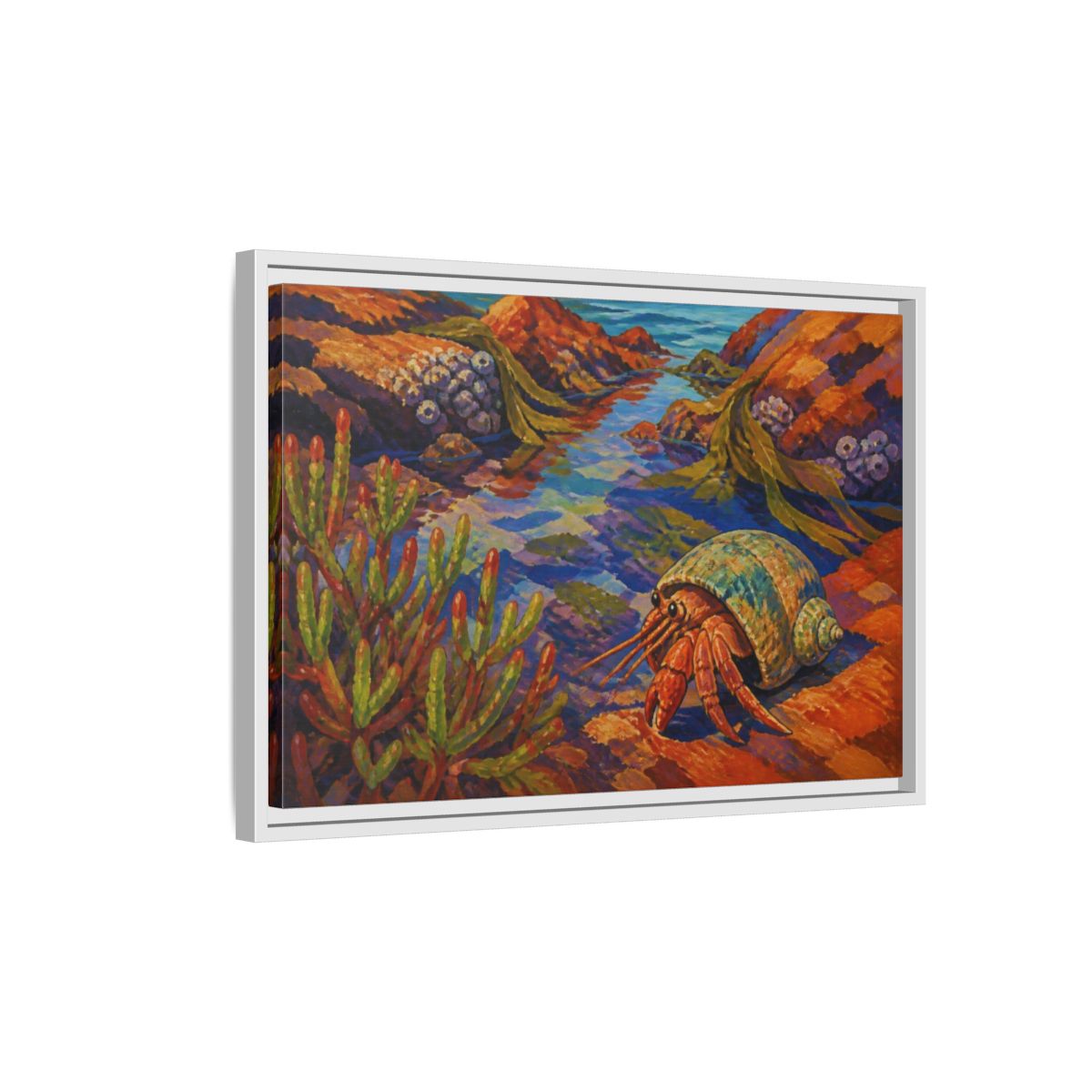 Side Mockup 1. Nature Hermit Crab Tidepool shown as framed canvas print