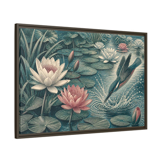 Main Mockup. Nature Kingfisher & Lilies shown as framed canvas print