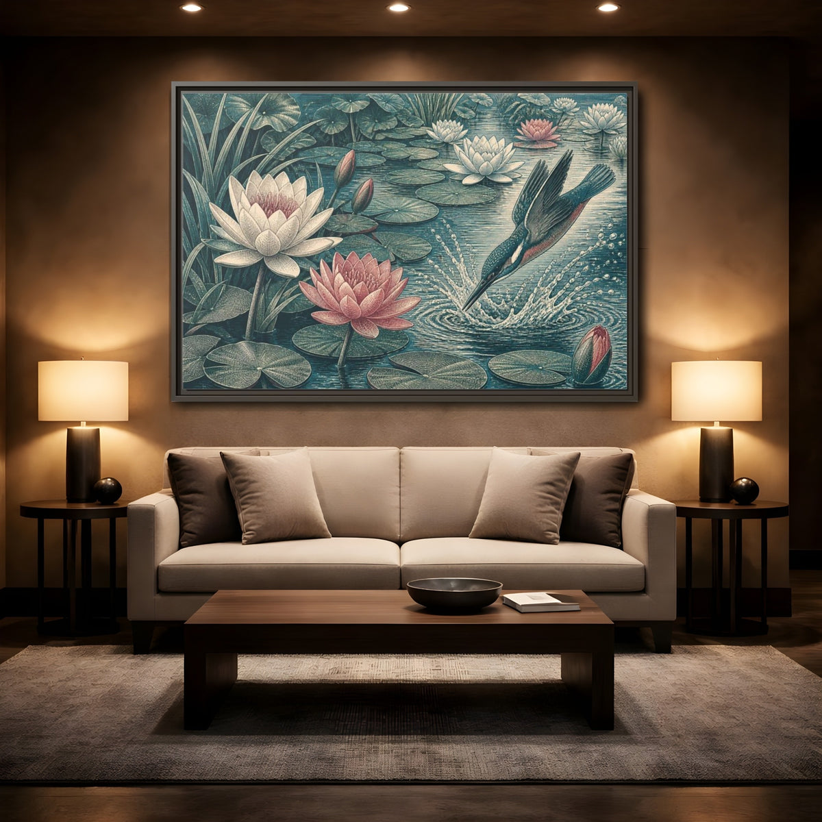 Mockup 2. Nature Kingfisher & Lilies shown as framed canvas print