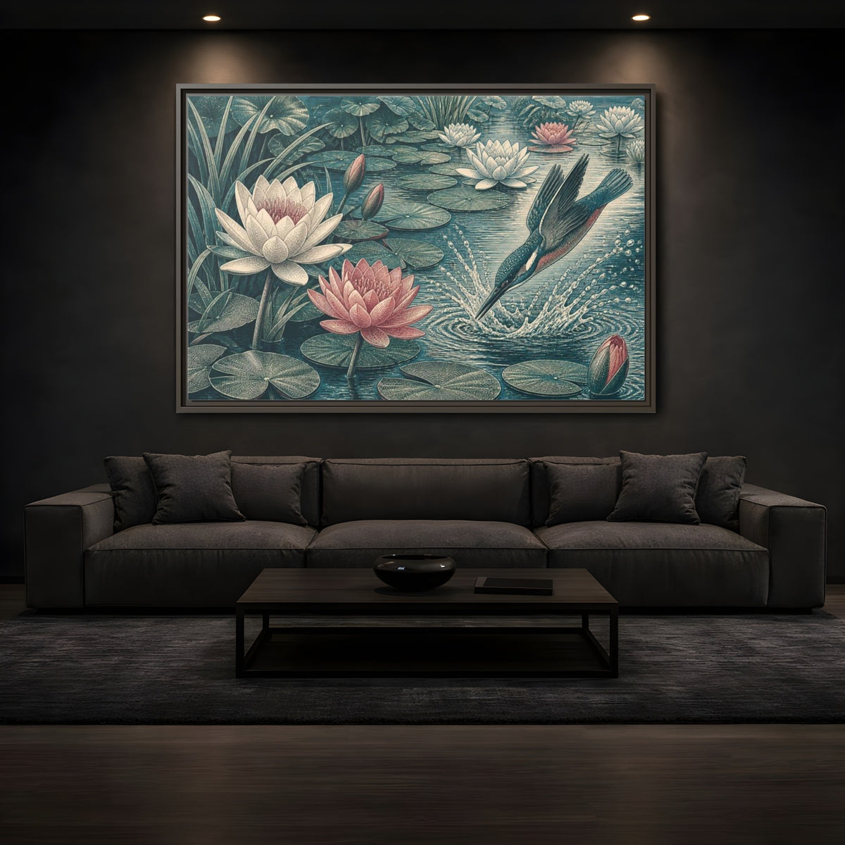Mockup 3. Nature Kingfisher & Lilies shown as framed canvas print