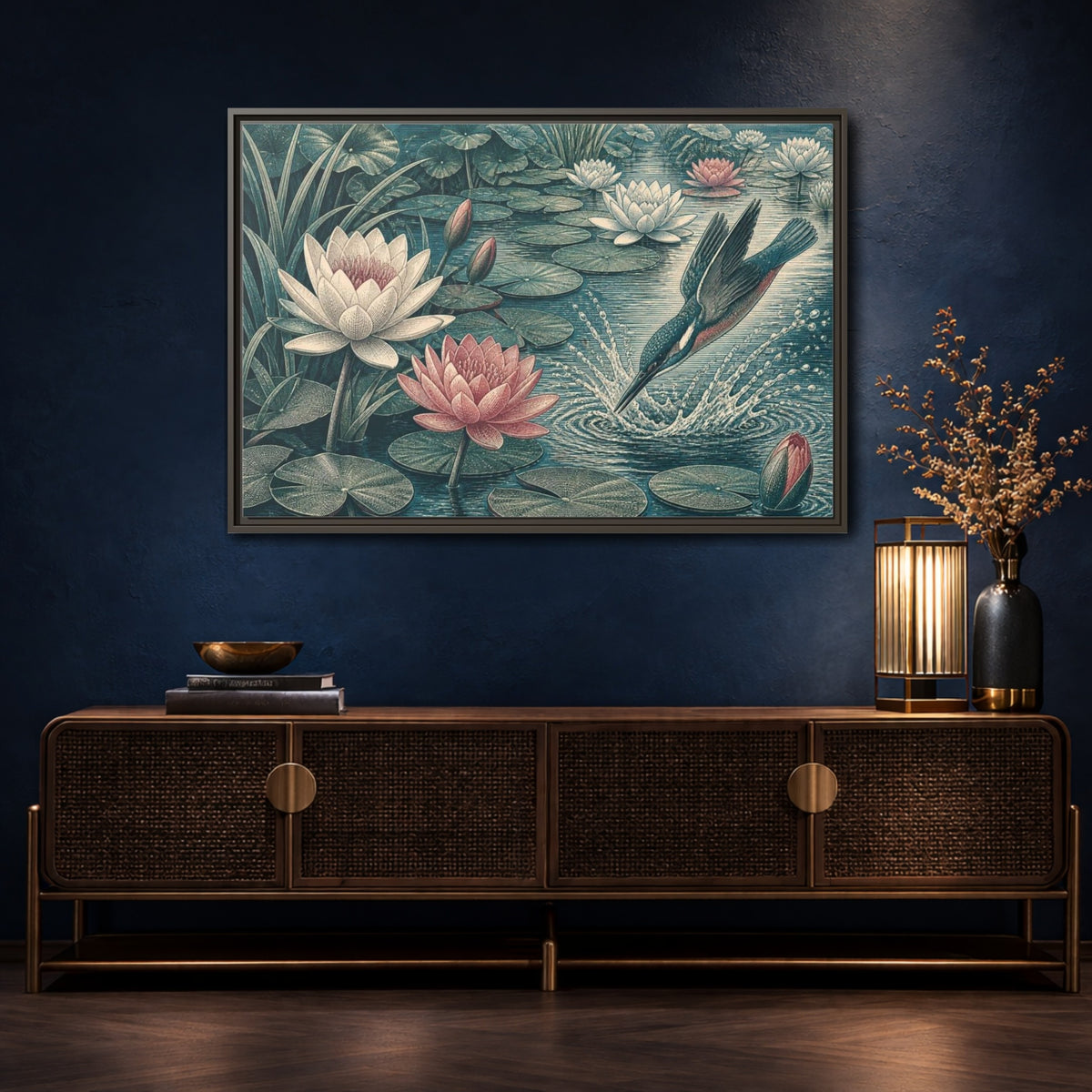 Mockup 4. Nature Kingfisher & Lilies shown as framed canvas print