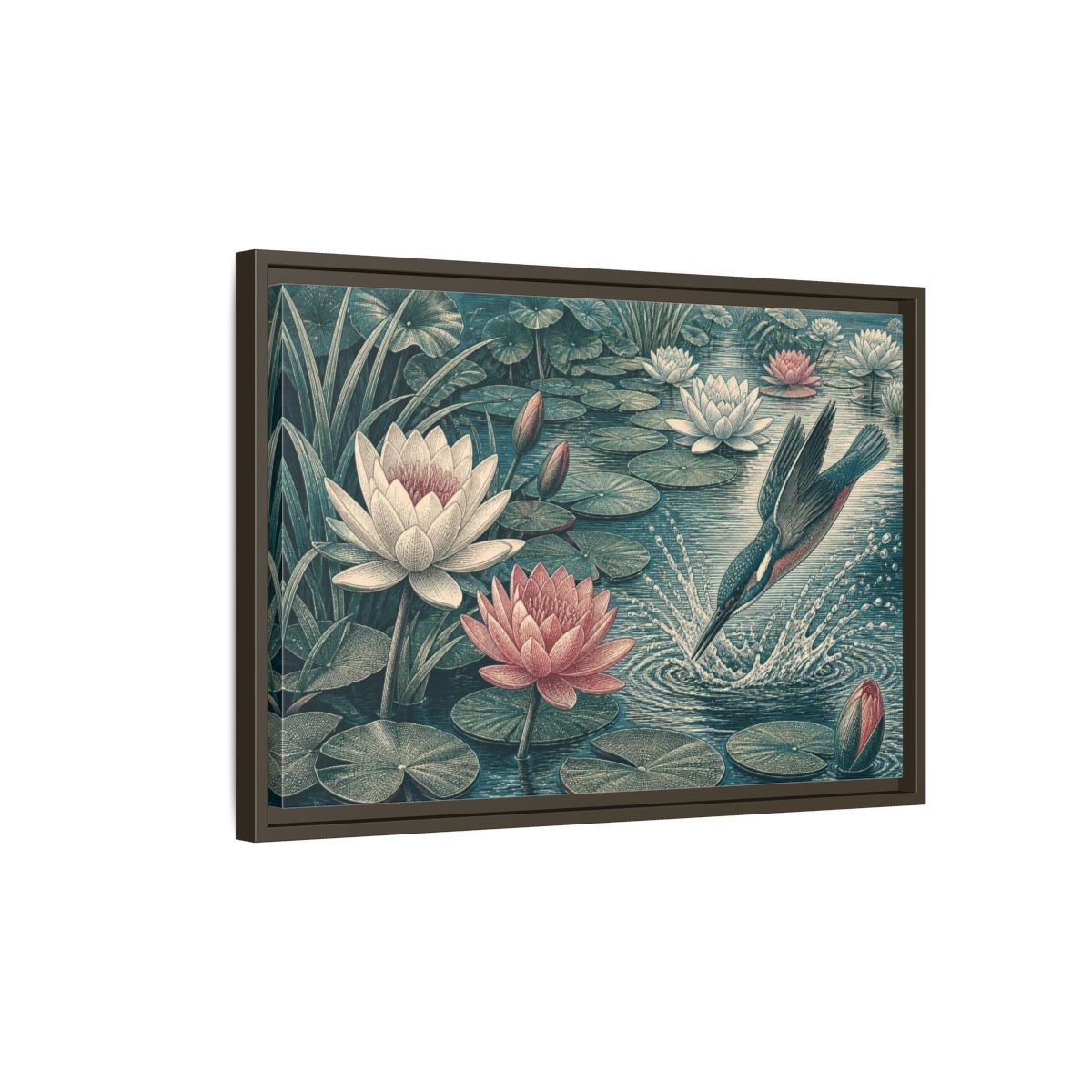 Side Mockup 2. Nature Kingfisher & Lilies shown as framed canvas print