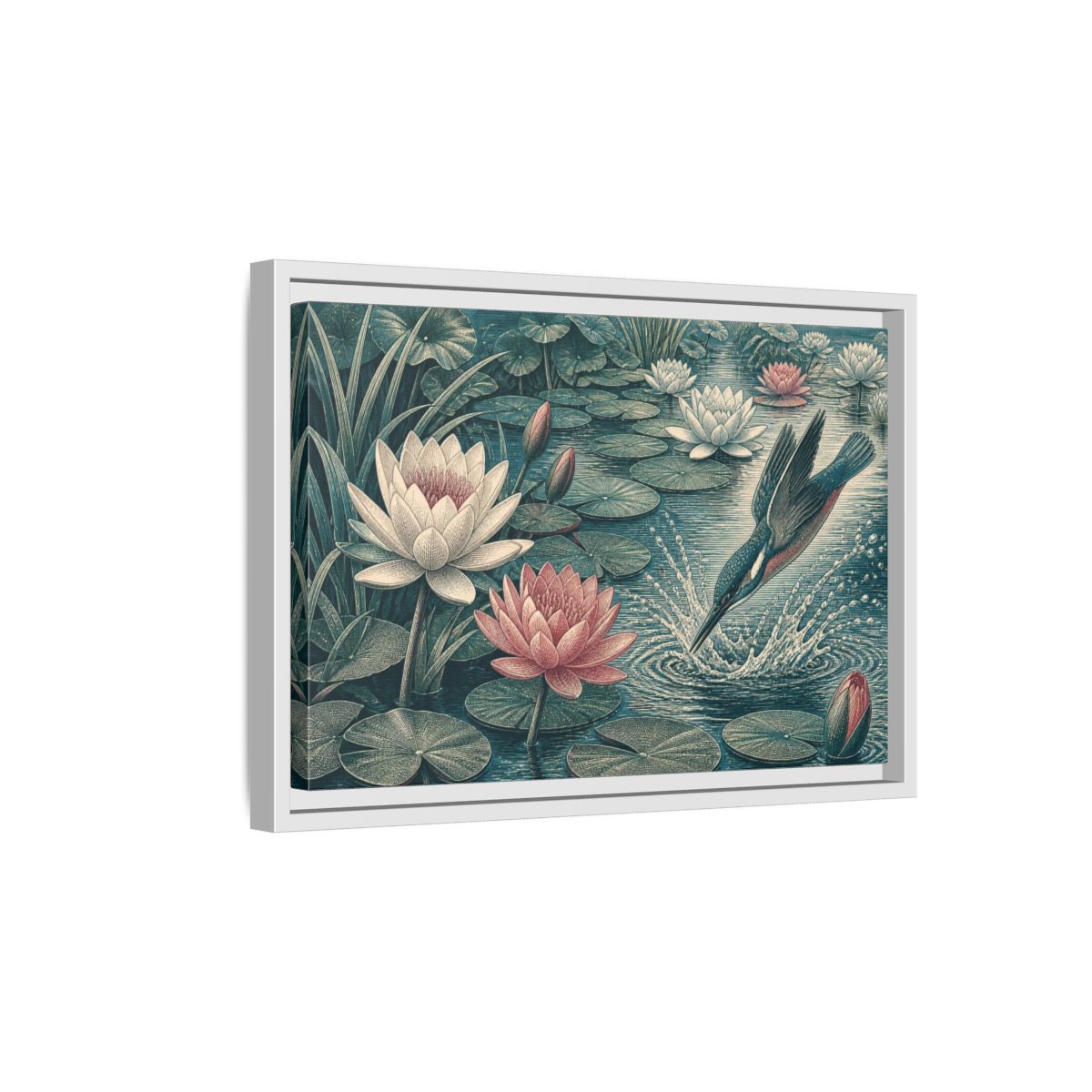 Side Mockup 4. Nature Kingfisher & Lilies shown as framed canvas print