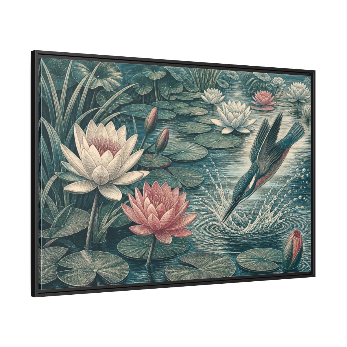Side Mockup 12. Nature Kingfisher & Lilies shown as framed canvas print