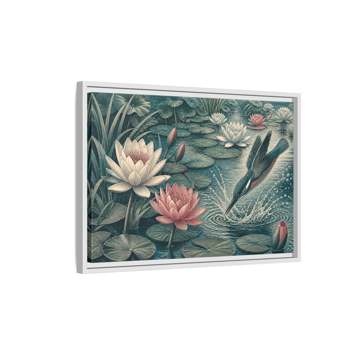 Side Mockup 1. Nature Kingfisher & Lilies shown as framed canvas print