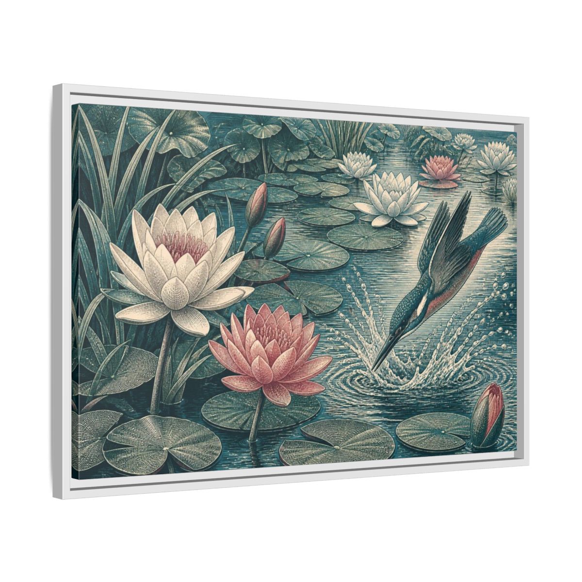 Side Mockup 10. Nature Kingfisher & Lilies shown as framed canvas print