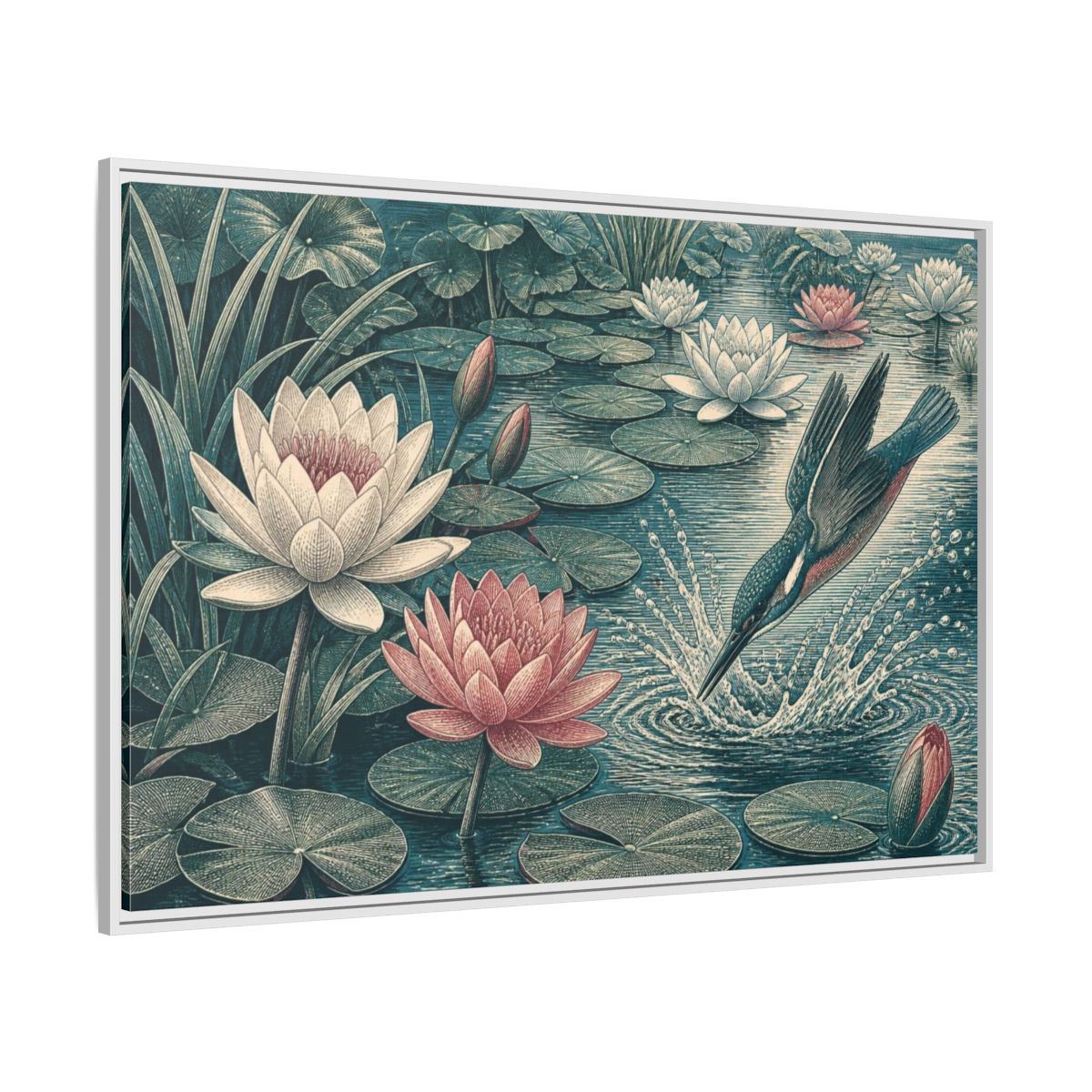 Side Mockup 7. Nature Kingfisher & Lilies shown as framed canvas print